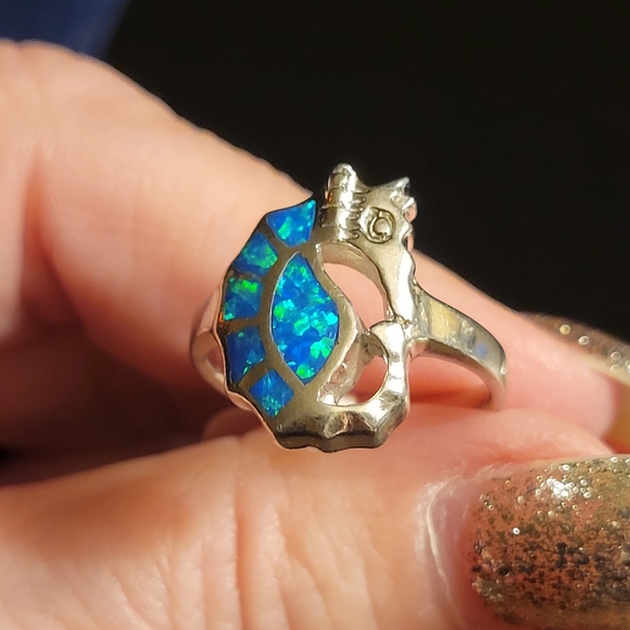 925 Sterling Silver and Lab Opal Seahorse Ring - Picture 1 of 4